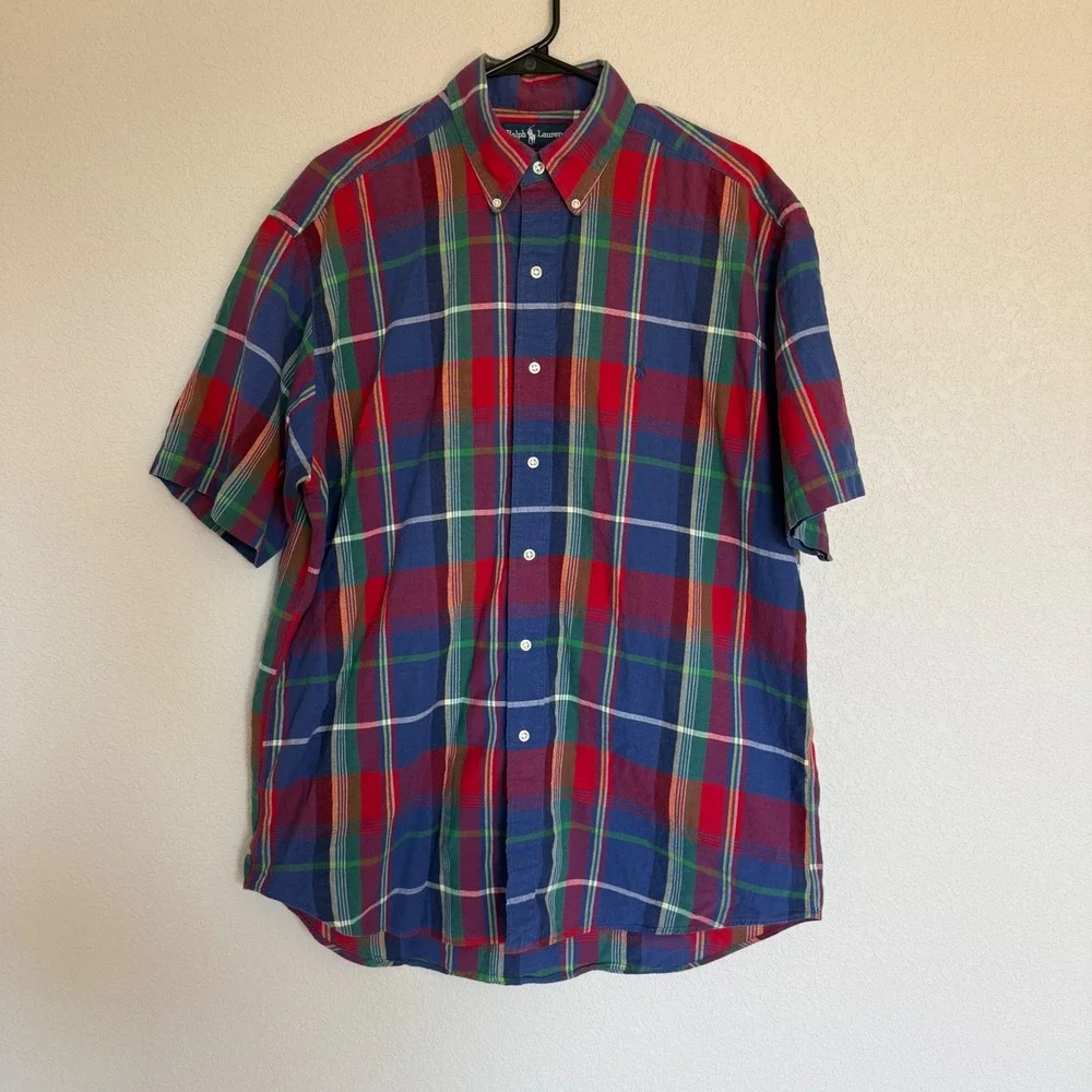 Polo Ralph Lauren Blake Mens Large Short Sleeve Plaid Button Down Shirt Blue Red